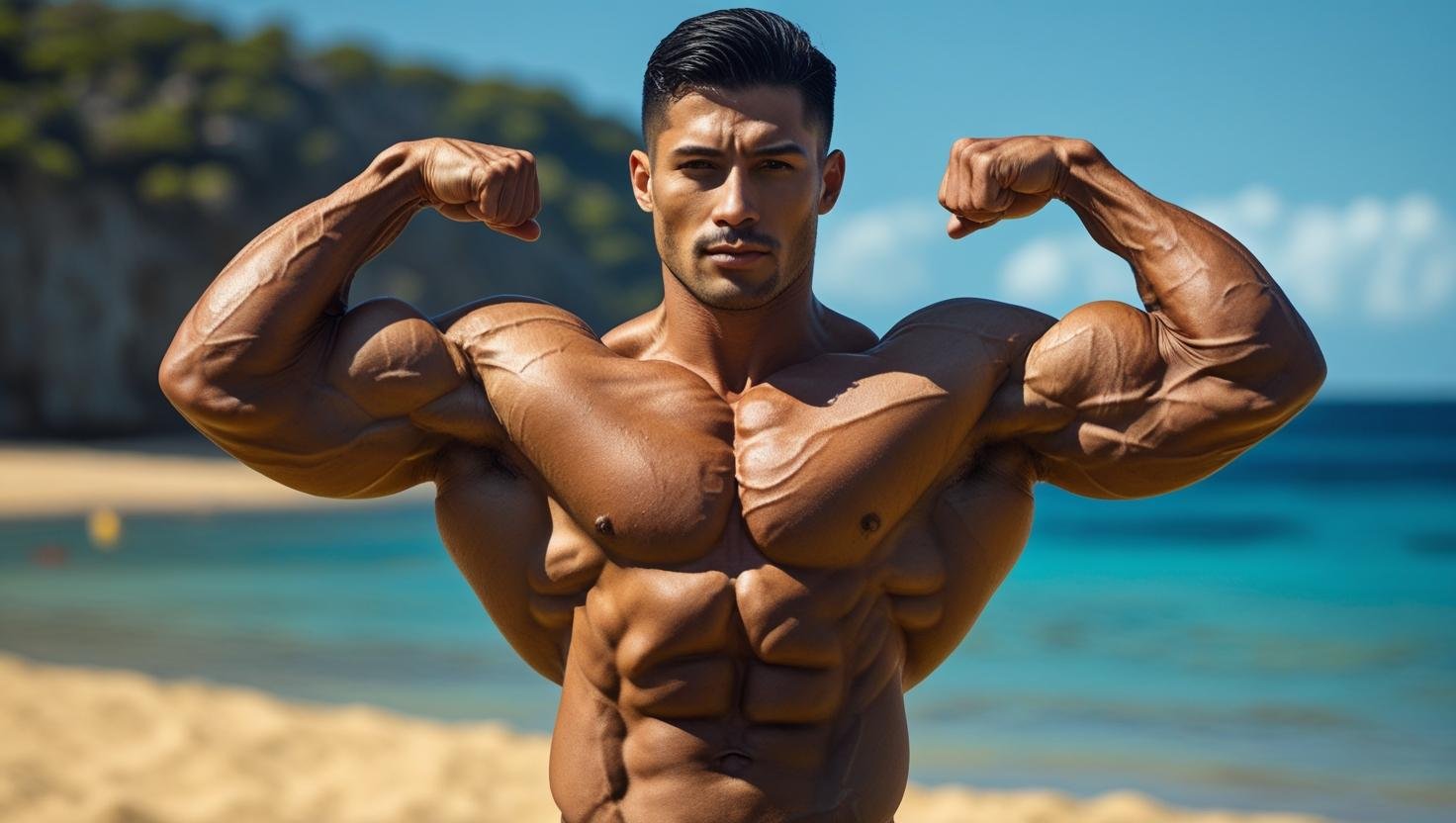 رجل رياضي ذو عضلات مقسمة وخصر نحيف، يمثل هدف اظهار العضلات وحرق الدهون