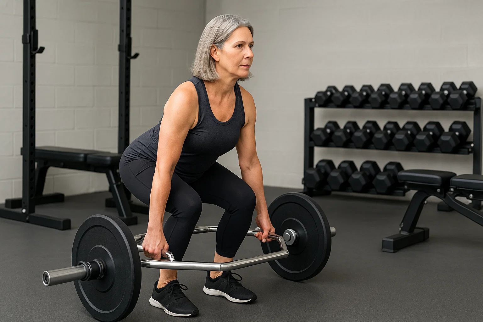 امرأة في الخمسينات يؤدي تمرين الرفعة الميتة (Deadlift) باستخدام Trap Bar بشكل صحيح، مثال على تمارين القوة للمتقدمين في العمر
