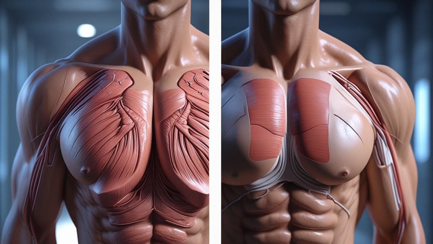 رسم توضيحي للفرق بين التثدي الهرموني (Gynecomastia) والتثدي الكاذب الناتج عن دهون الصدر