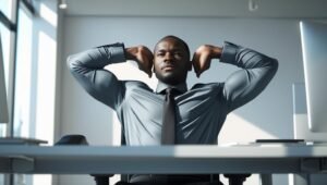 شخص يعمل على مكتب ويقوم بتمرين إطالة للصدر