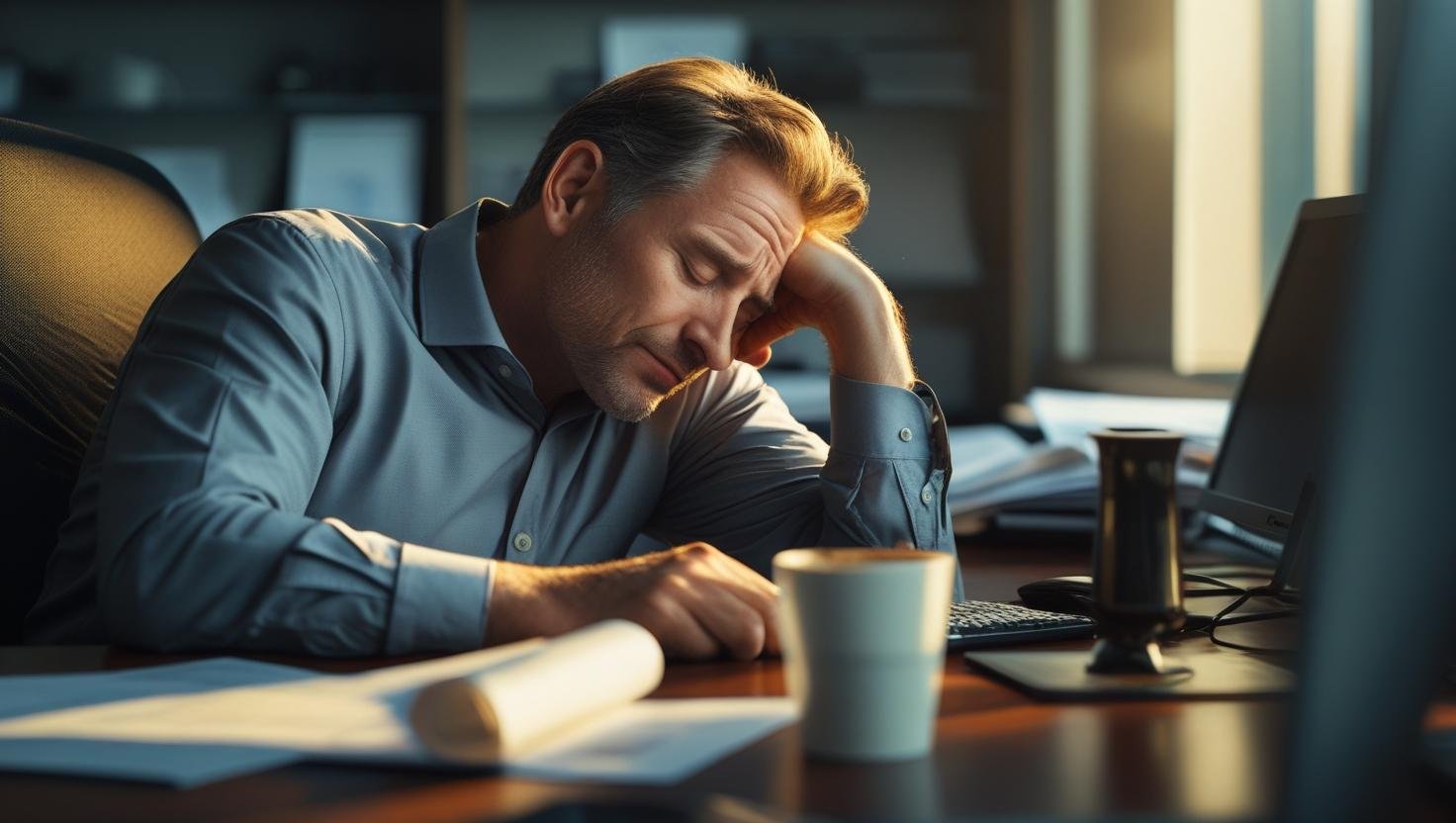 شخص مرهق في العمل يبحث عن طرق لزيادة النشاط