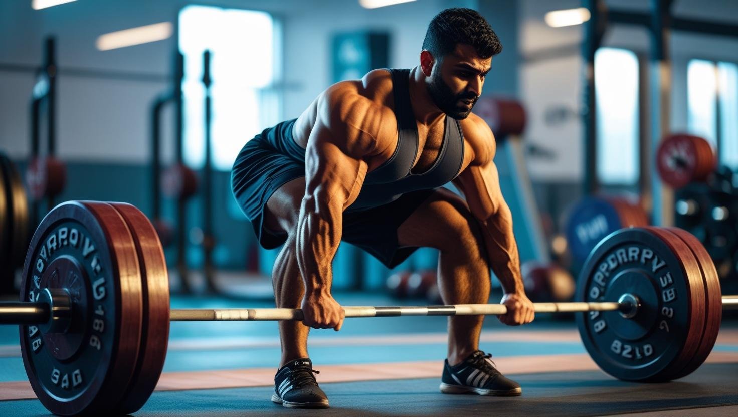 رجل عربي يرفع وزنًا ثقيلًا في تمرين الديدليفت، يظهر التركيز والقوة