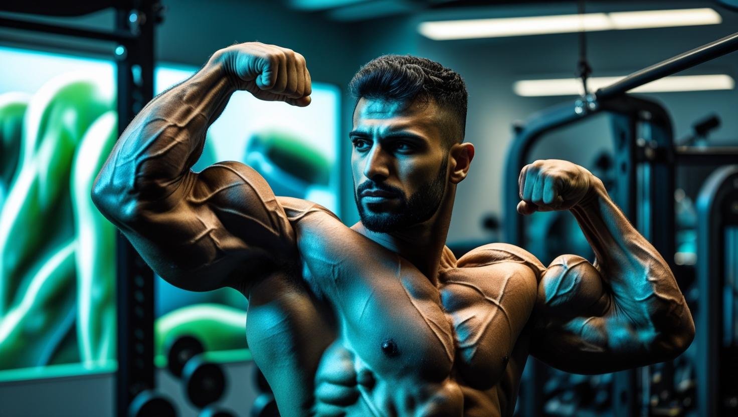 رجل يظهر تضخيم العضلي في الجيم