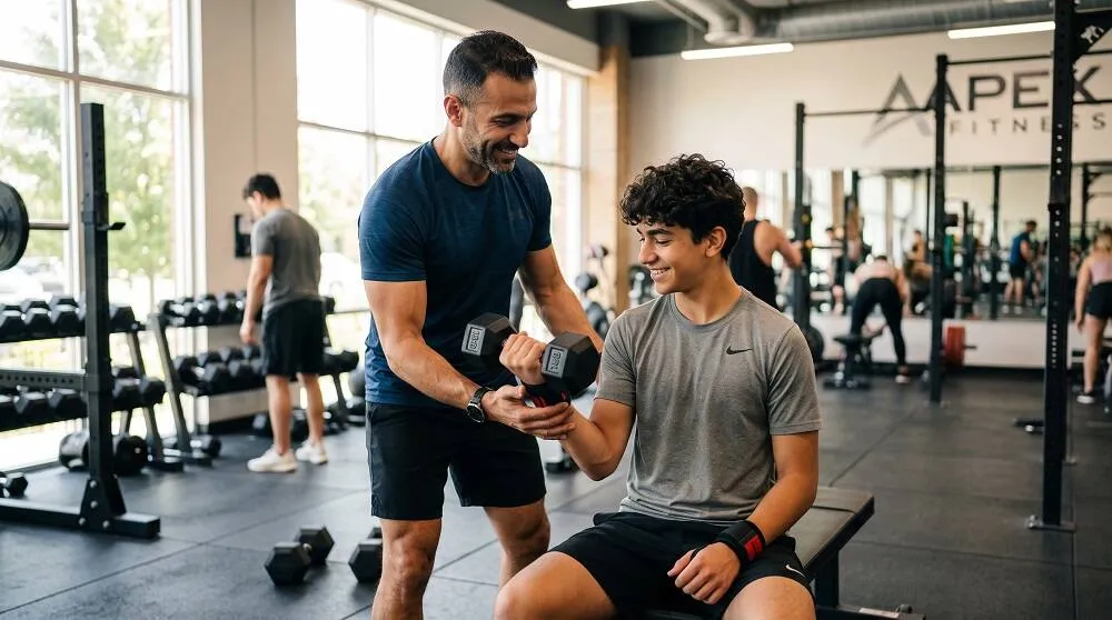 أب قائد في الأربعينيات يوجه ابنه المراهق في الجيم بأمان مستنداً إلى فيتامينات الطاقة بعد سن الاربعين وثقافة الأسرة الرياضية