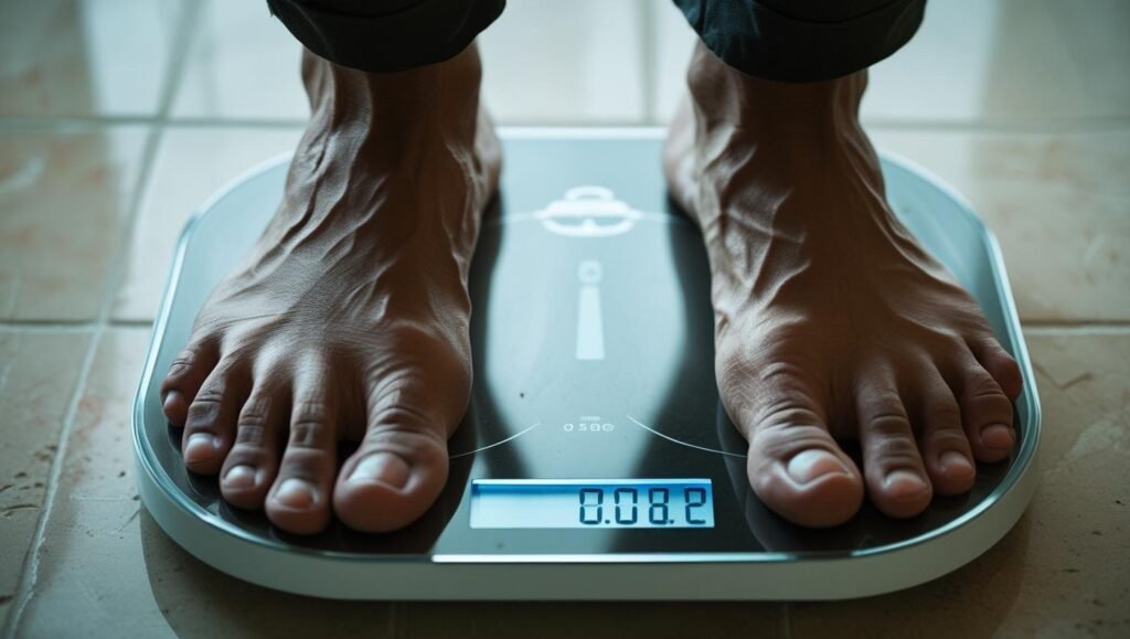 شخص يقف على الميزان ويوضح الإحباط من رقم الوزن