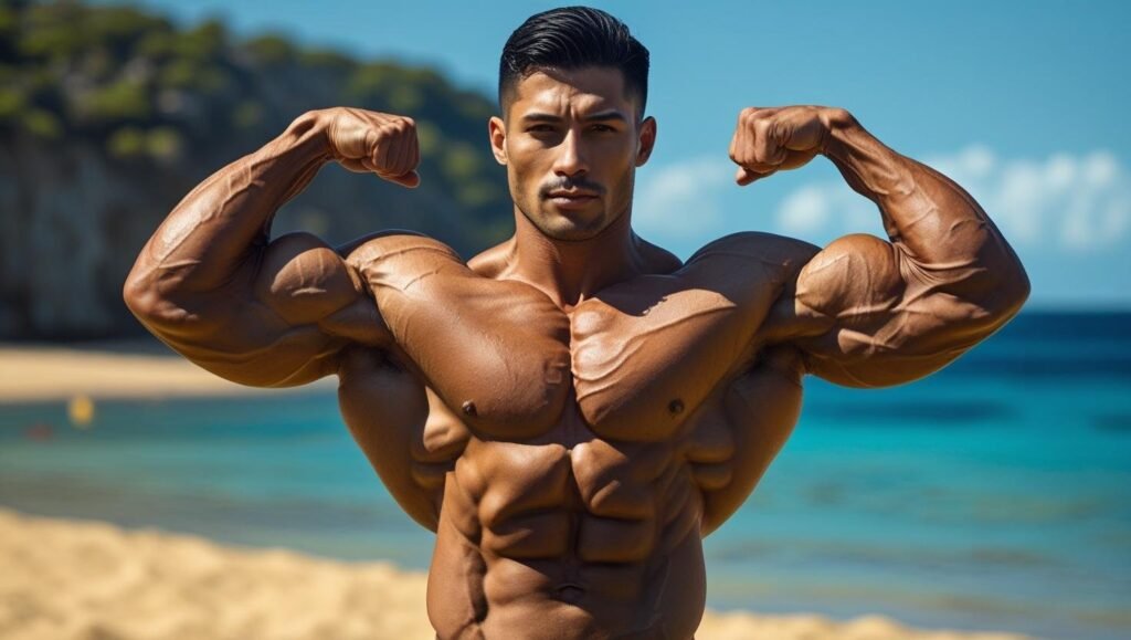 رجل رياضي ذو عضلات مقسمة وخصر نحيف، يمثل هدف اظهار العضلات وحرق الدهون