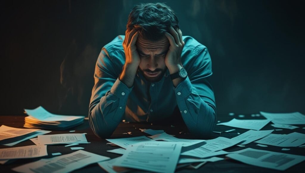 شخص يشعر بالتوتر والإرهاق، يرمز إلى تأثير هرمون الكورتيزول السلبي على عملية حرق الدهون