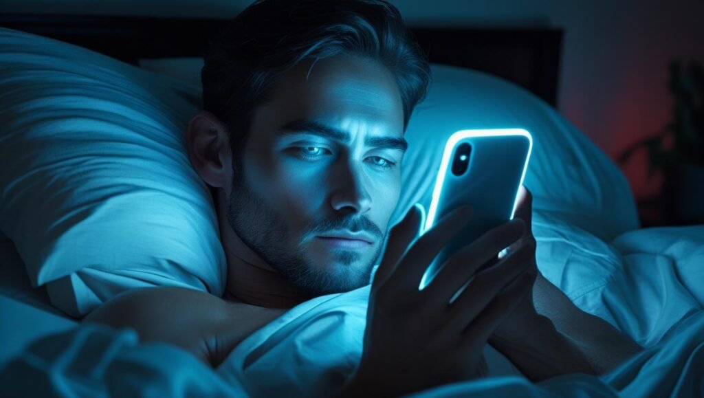 شخص يتأثر بالضوء الأزرق من شاشة الهاتف قبل النوم