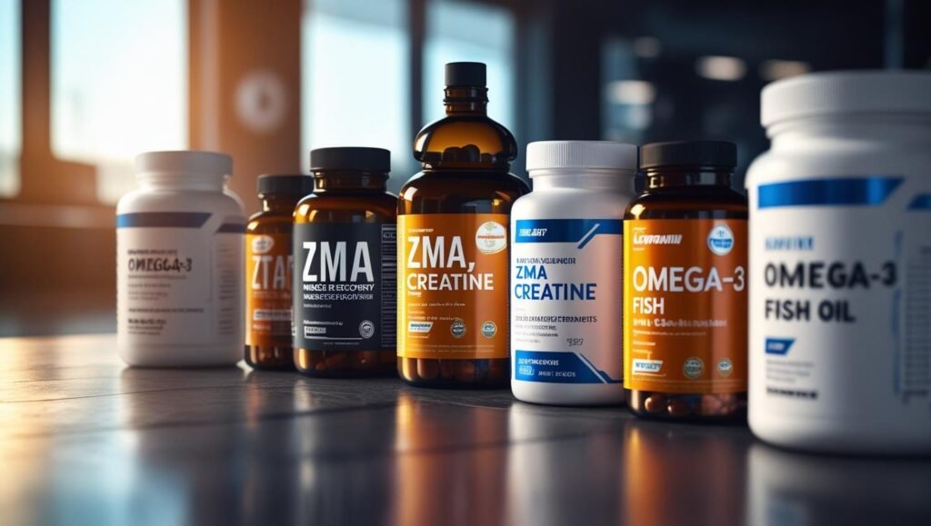 مجموعة من مكملات الاستشفاء العضلي الأساسية مثل ZMA وزيت السمك