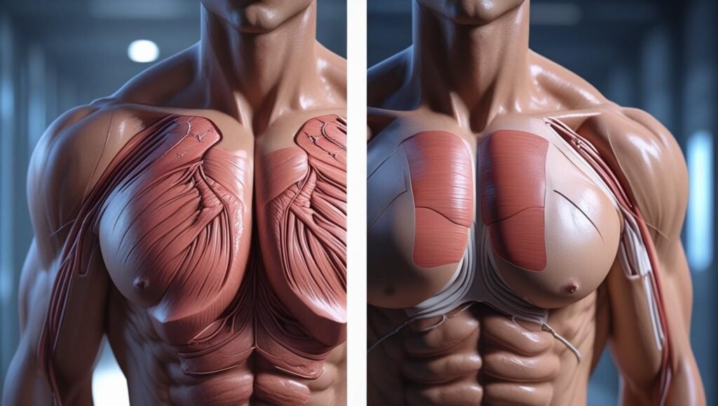 رسم توضيحي للفرق بين التثدي الهرموني (Gynecomastia) والتثدي الكاذب الناتج عن دهون الصدر