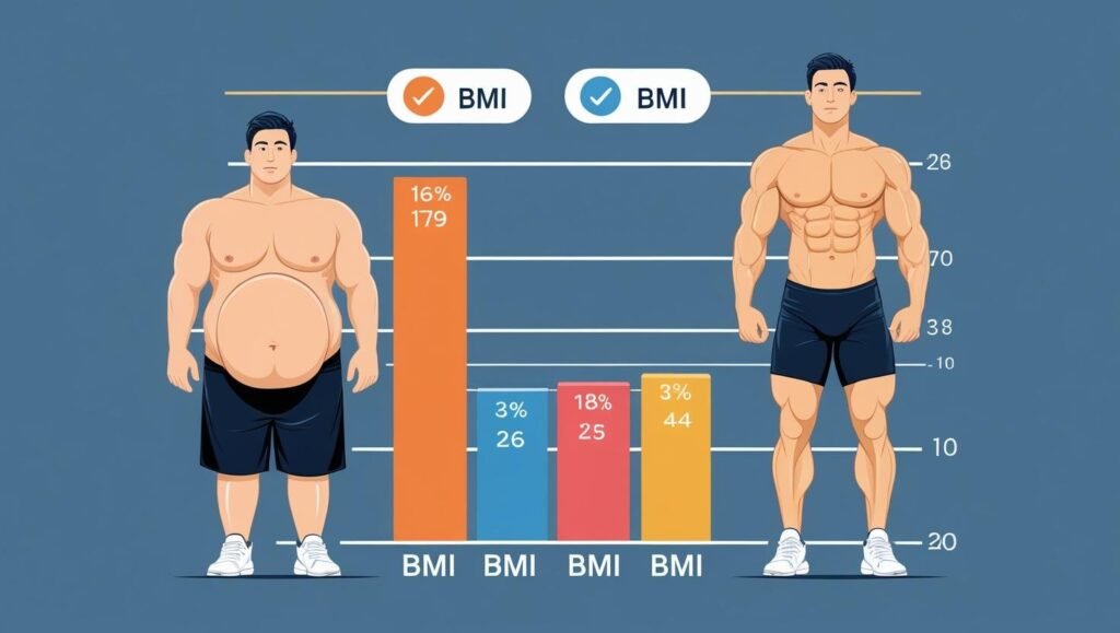 مقارنة توضح مشاكل مؤشر كتلة الجسم BMI في تقييم الدهون والكتلة العضلية