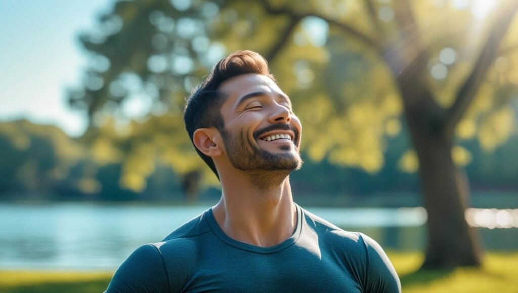 شخص يمارس الرياضة في الهواء الطلق، يشعر بالحيوية والسعادة