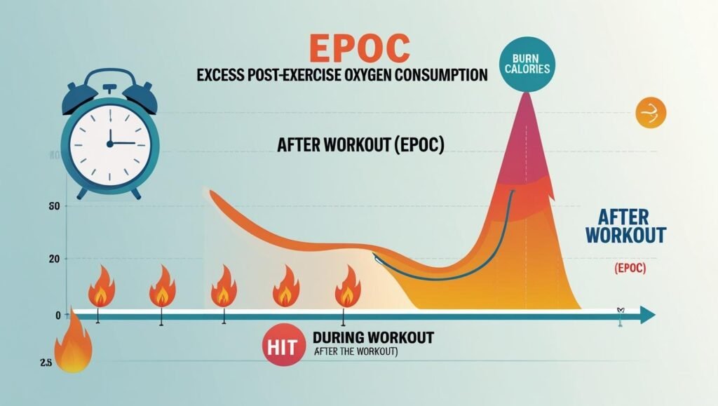 إنفوجرافيك يوضح تأثير EPOC (استهلاك الأكسجين الزائد بعد التمرين) في الكارديو HIIT