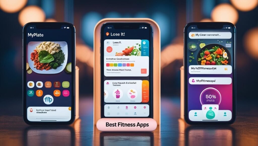 مقارنة بين أيقونات أفضل تطبيقات حساب وتتبع السعرات الحرارية المجانية مثل MyPlate وLose It! وMyFitnessPal