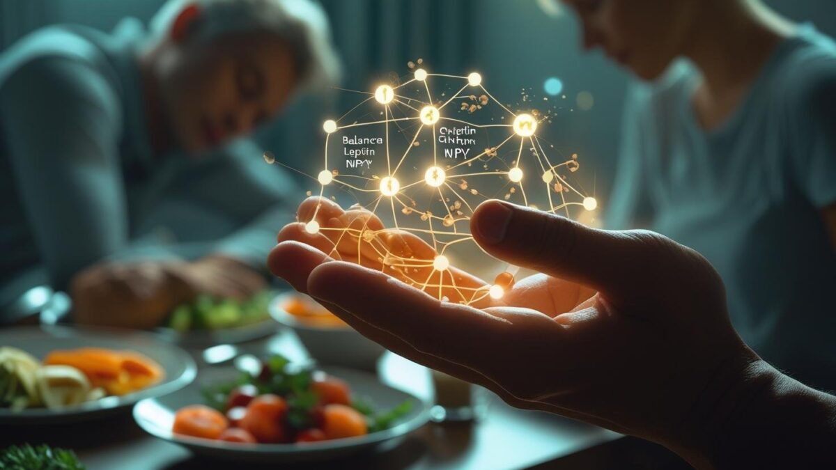 يد تتحكم في توازن هرمونات الجوع، ترمز إلى طرق السيطرة على الجوع وتحقيق نمط حياة صحي