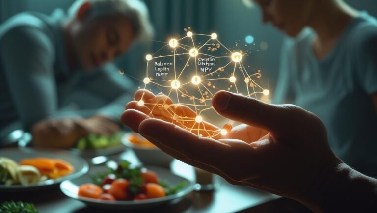 يد تتحكم في توازن هرمونات الجوع، ترمز إلى طرق السيطرة على الجوع وتحقيق نمط حياة صحي