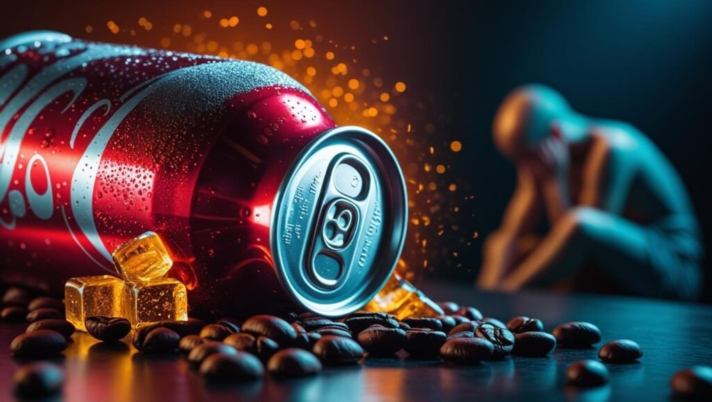 علبة صودا مليئة بالسكر والكافيين، توضح تأثيرها المسبب لادمان الطعام والإرهاق