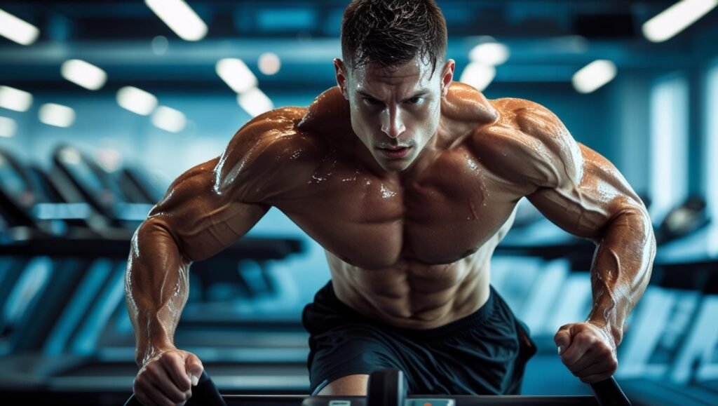 رياضي يؤدي تمرين HIIT مكثف على المشاية الكهربائية