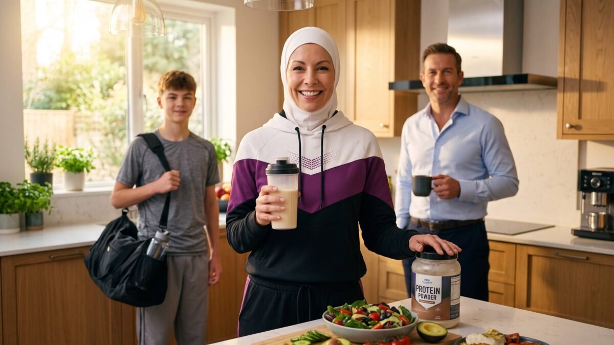 امرأة تحضر وجبة صحية تلبي احتياجات النساء من البروتين لتعزيز صحة عائلة القائد