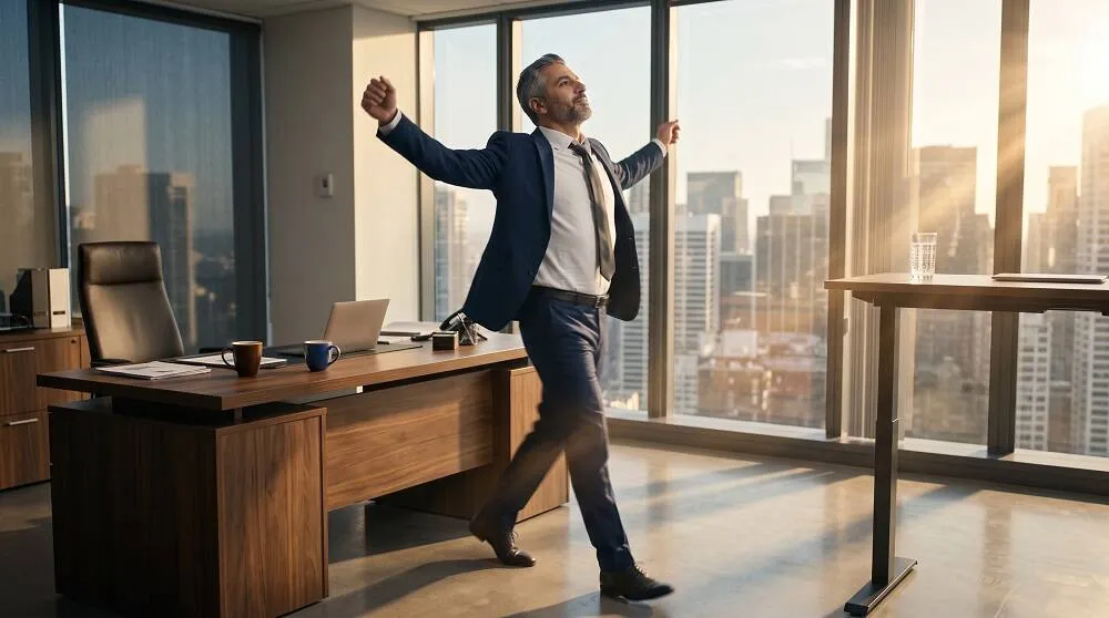 رائد أعمال يطبق حلول علاج الخمول والتعب أثناء العمل وكسر عادات الإرهاق المكتبي