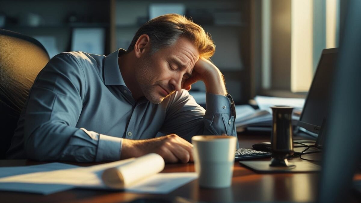 شخص مرهق في العمل يبحث عن طرق لزيادة النشاط