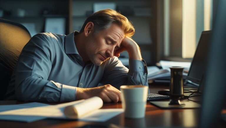 شخص مرهق في العمل يبحث عن طرق لزيادة النشاط