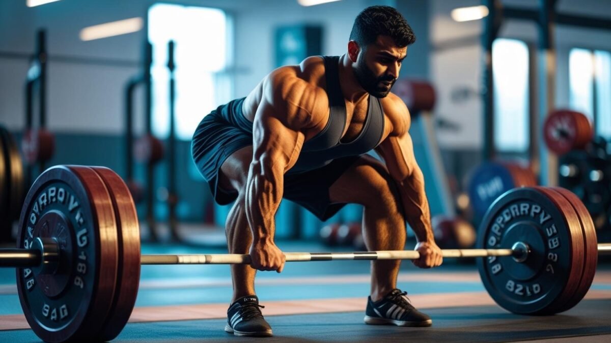 رجل عربي يرفع وزنًا ثقيلًا في تمرين الديدليفت، يظهر التركيز والقوة
