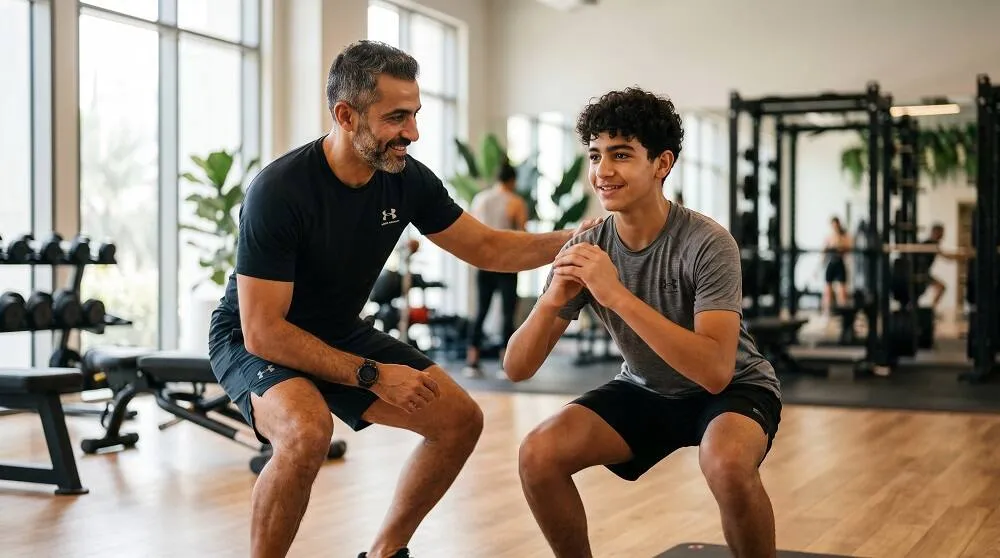 أب قائد يوجه ابنه المراهق نحو التمارين الآمنة مع الحفاظ على رفع اللياقة البدنية بعد سن الاربعين ليكون قدوة لأسرته