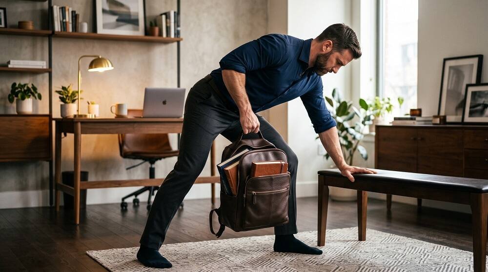 أداء تمرين السحب بالحقيبة المكتبية ضمن جدول بوش بول ليج للمنزل لعلاج آلام الظهر