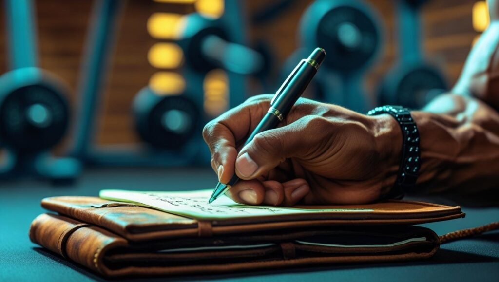 شخص يكتب في دفتر لتدوين التقدم في التمارين