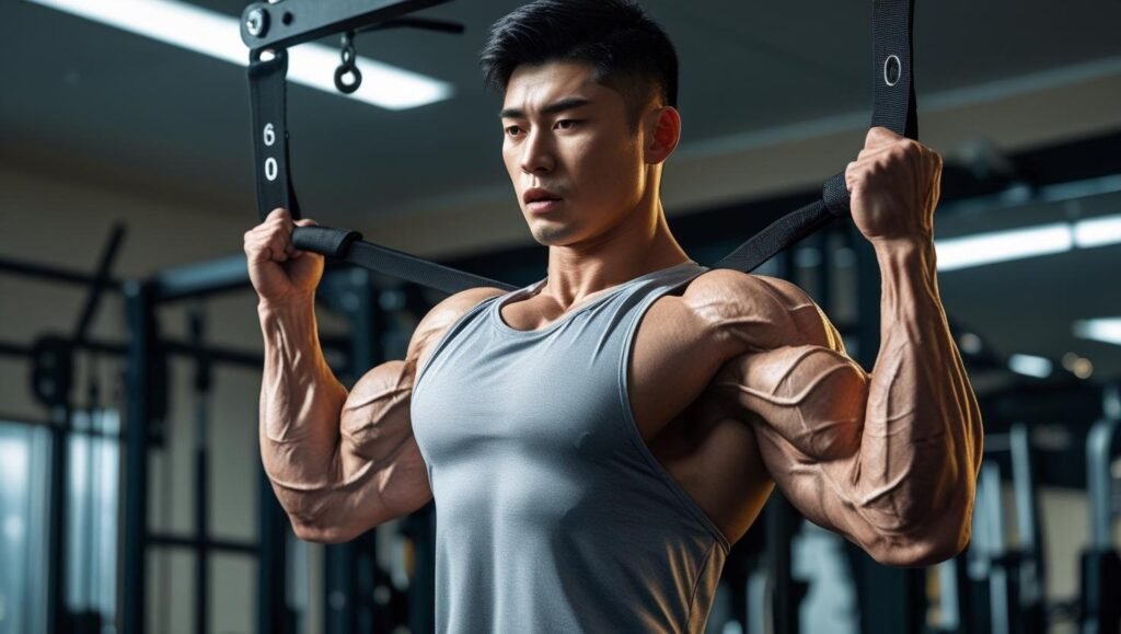 متدرب متوسط يؤدي تمرين سحب علوي Lat Pulldown في برنامج PPL