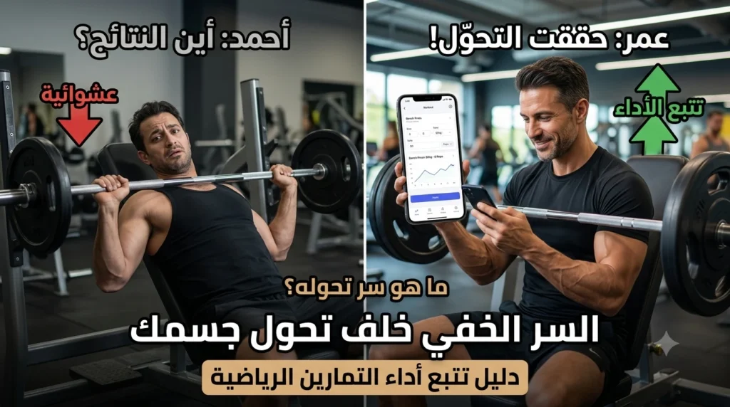 مقارنة تظهر الفارق بين التدريب العشوائي واستخدام الهاتف الذكي من أجل تتبع أداء التمارين الرياضية وتدوين الأوزان للرجال فوق الأربعين.